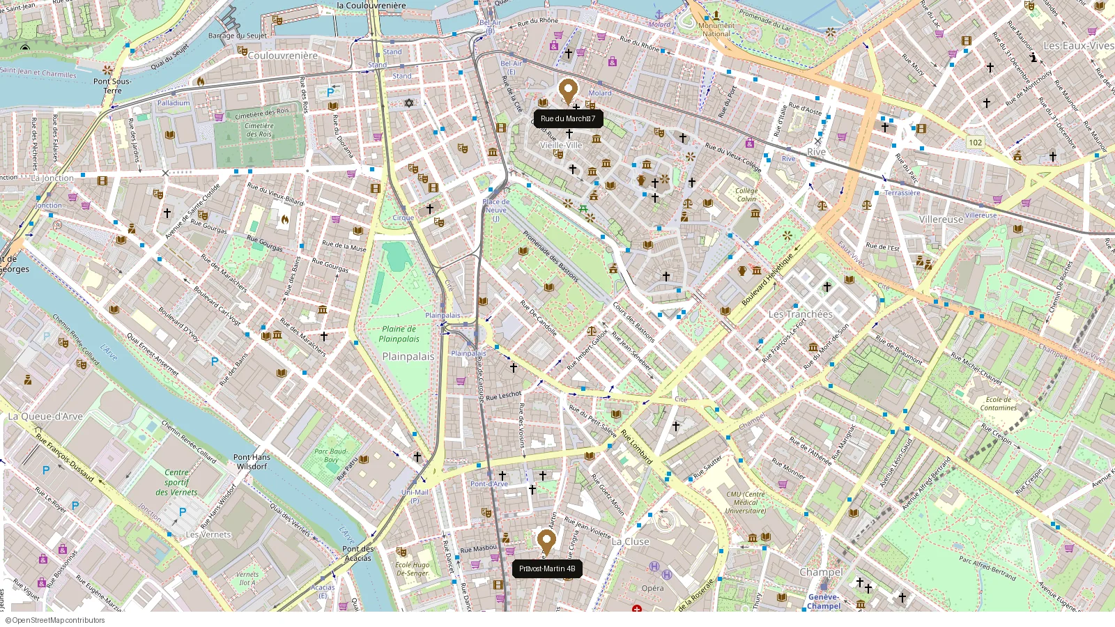 Carte de Genève situant les deux cabinets de la Geneva Dental Clinic : rue Prévost-Martin 4B et rue du Marché 7