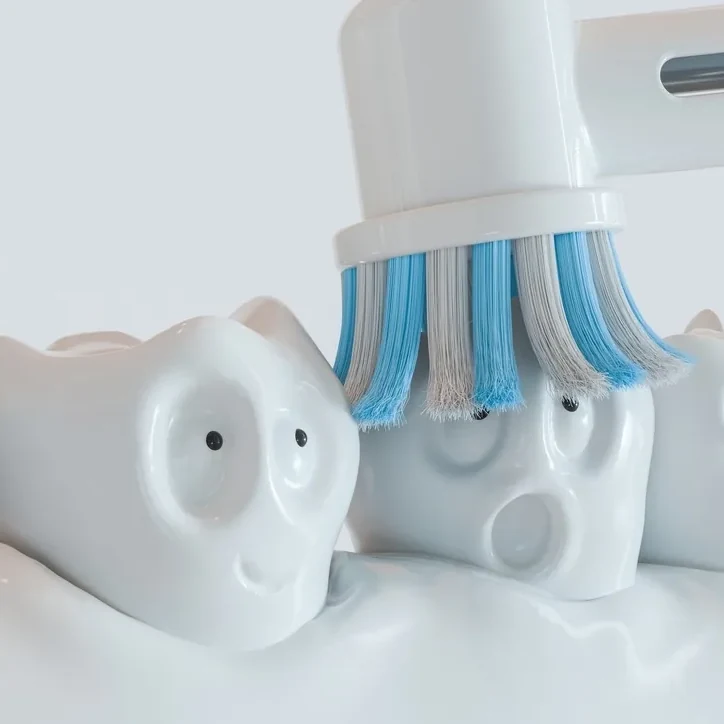 Détartrage dentaire, brossette électrique sur un modèle de dents
